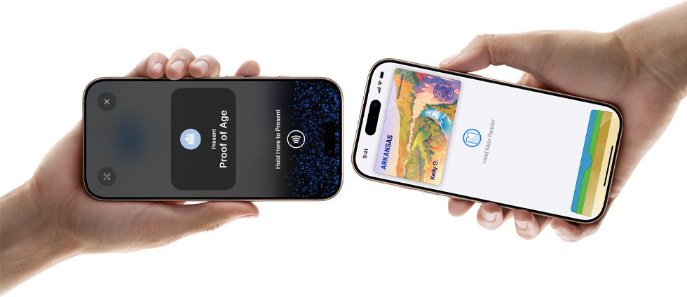 Two iPhones tapping screens together to verify a mobile ID or digital wallet pass