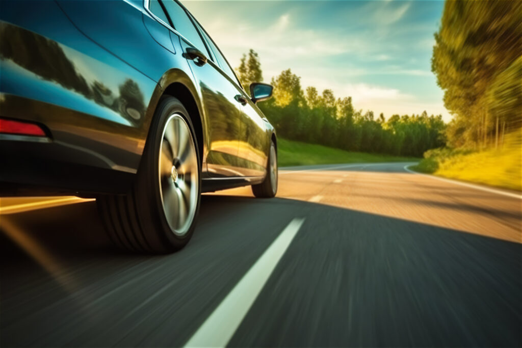 a photo of a car rushing along the highway at sunset, a low angle side view