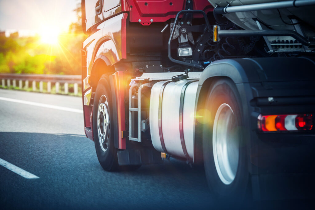 a photo of a red semi truck