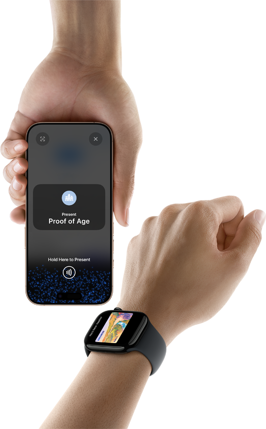 iPhone and Apple Watch being tapped against a secure ID reader to present a digital ID